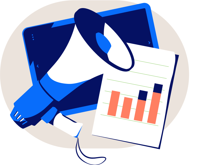 Illustration Megaphone, tablet and piece of paper with statistics
